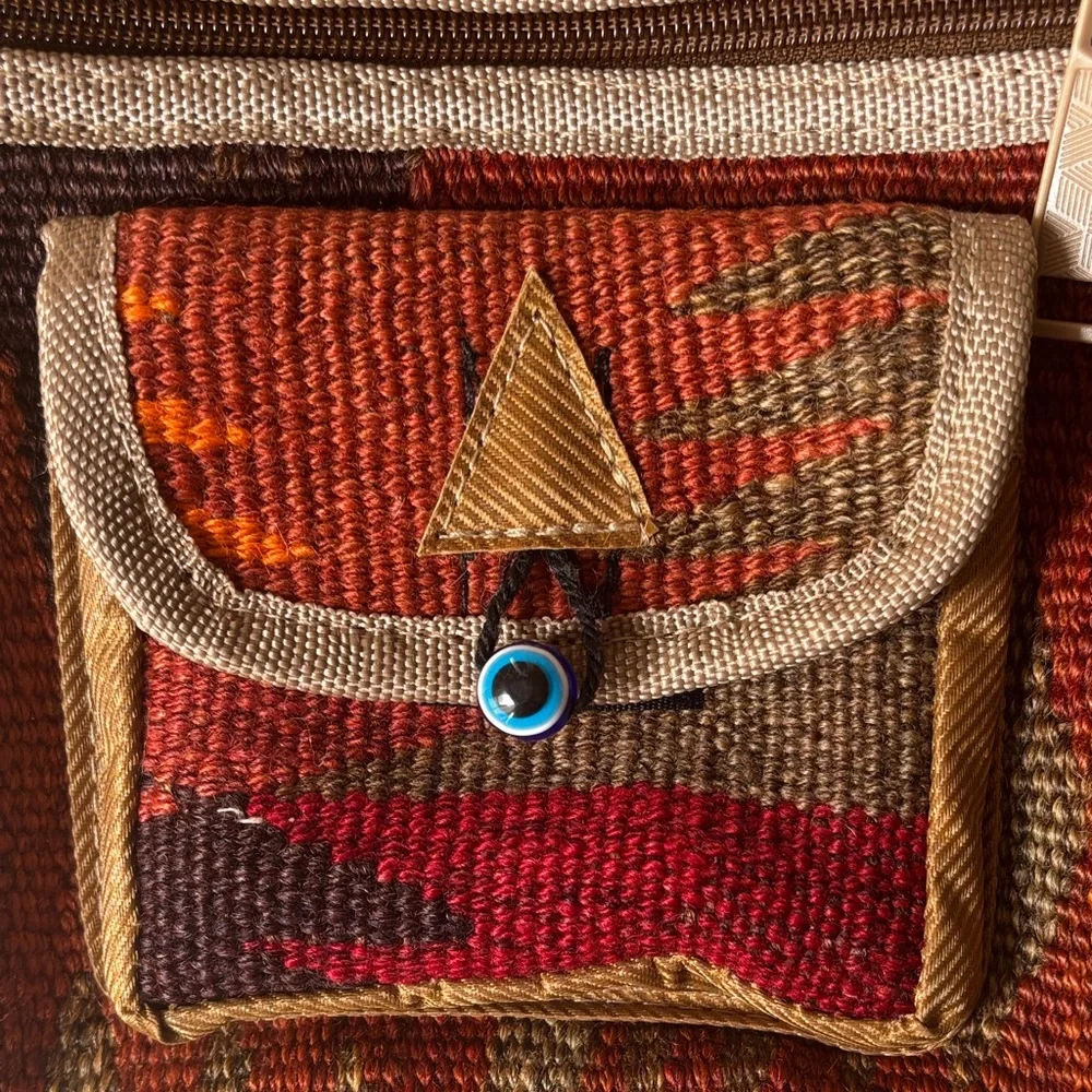 Unique Turkish Kilim Cross-Body Bag Colorful Geometric Pattern & Evil Eye Bead